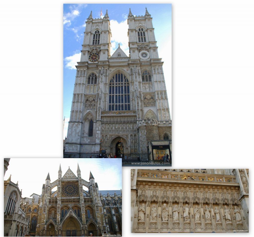 Exterior de la Abadía de Westminster Collage con fotos de la fachada principal, el lateral y los frisos ornamentales de la Abadía de Westminster en Londres.