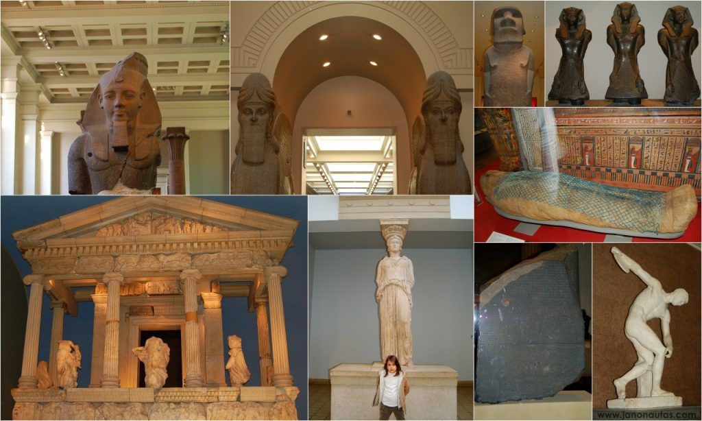 Algunas de las piezas más destacadas del British Museum de Londres Collage con algunas de las piezas más destacadas del British Museum de Londres: la Piedra Rosetta, el moai Hoa Hakananai'a, una momia egipcia, los leones asirios alados y el Discóbolo entre otras
