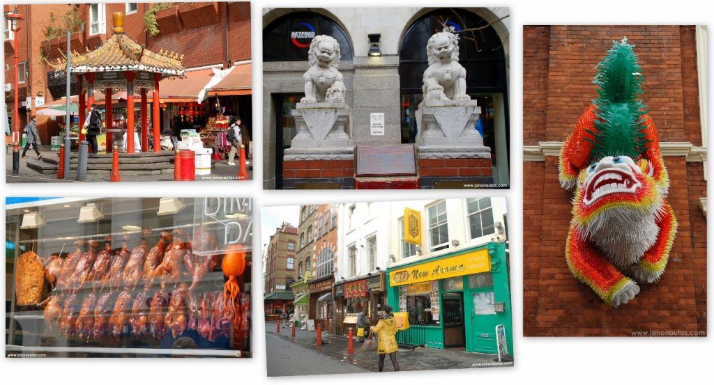 Algunos detalles del barrio Collage con imágenes de Chinatown en Londres: detalles de dragones decorativos, fachadas de restaurantes, escaparate con patos laqueados y otros detalles de la cultura china