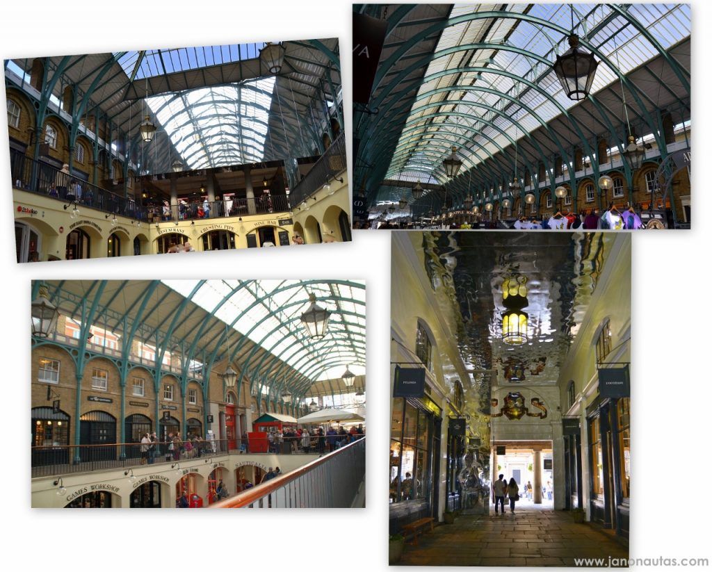 Interior de Covent Garden Collage con cuatro imágenes del interior de Covent Garden en Londres, mostrando los históricos pabellones de hierro y vidrio, puestos de mercado, tiendas y visitantes disfrutando del ambiente vibrante.