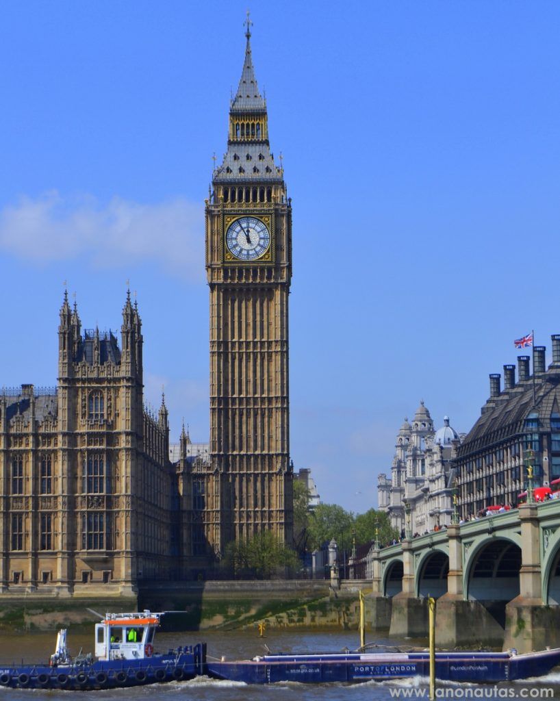Big Ben y Palacio de Westminster desde el Támesis Vista del Big Ben y el Palacio de Westminster desde la orilla sur del río Támesis, con cielo despejado y arquitectura neogótica