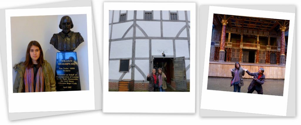 Clàudia y Maite en el interior y exterior del edificio (fotos cedidas por Maite y Sue) Collage con tres imágenes del Shakespeare’s Globe Theatre en Londres: Clàudia junto al busto de William Shakespeare, Clàudia y Maite en la entrada del teatro y ambas en el escenario durante la visita guiada.