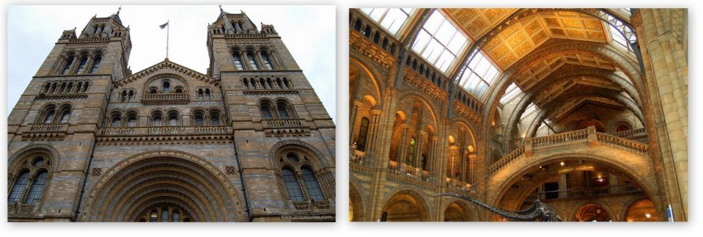 Edificio del Museo de Historia Natural de Londres Collage con dos fotos del Museo de Historia Natural: la fachada exterior del edificio y el hall principal con su imponente arquitectura interior.