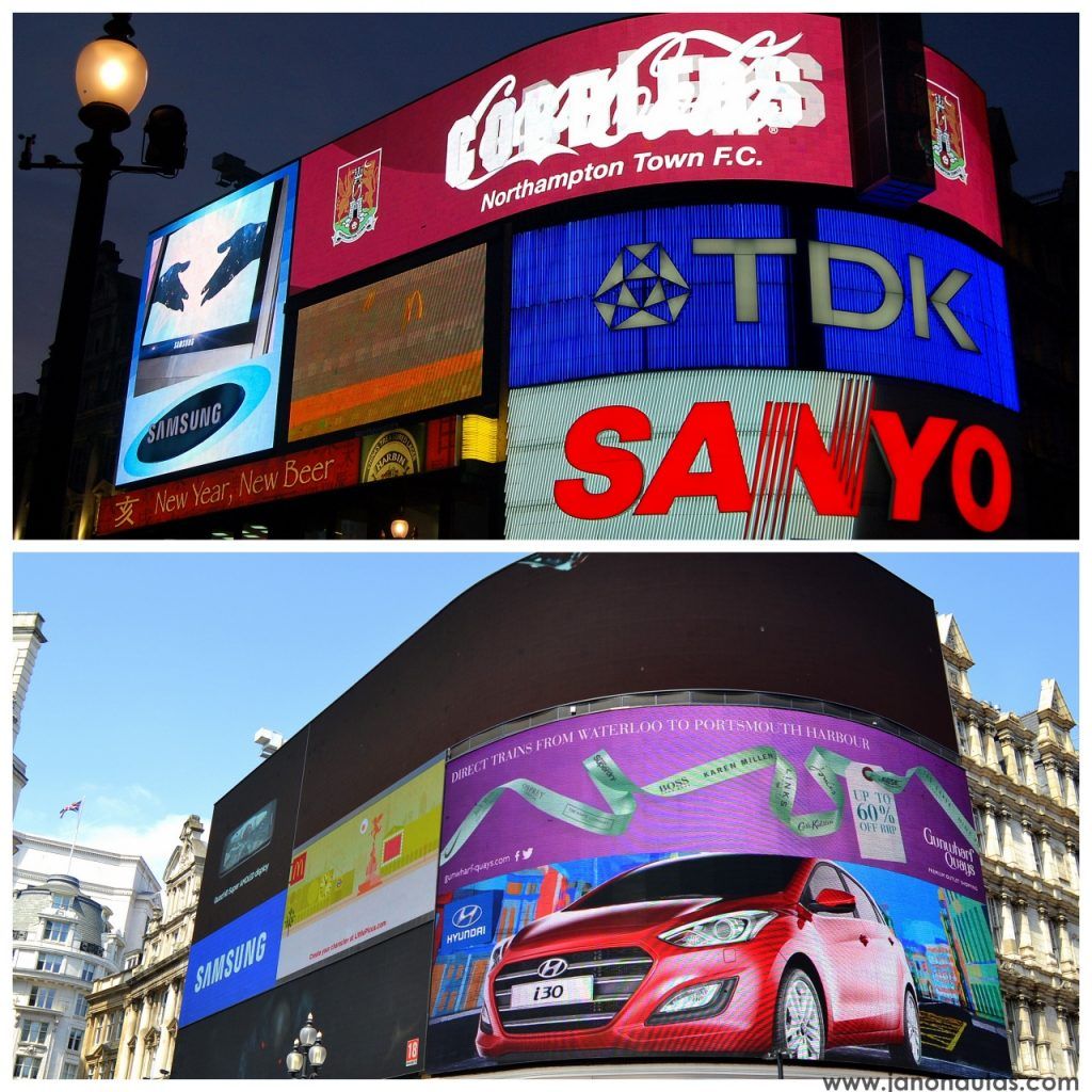Los letreros luminosos de Piccadilly Circus de día y de noche Collage con los famosos letreros luminosos de Piccadilly Circus en Londres, fotografiados de día y de noche