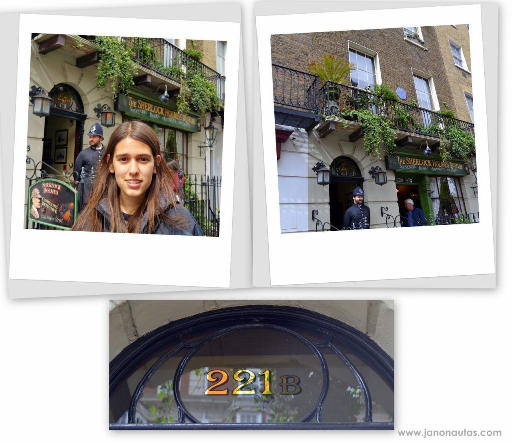 221 B Baker Street Collage con tres imágenes de la casa-museo de Sherlock Holmes en Londres: la entrada principal, Clàudia posando frente a la puerta y un detalle del número 221B de Baker Street