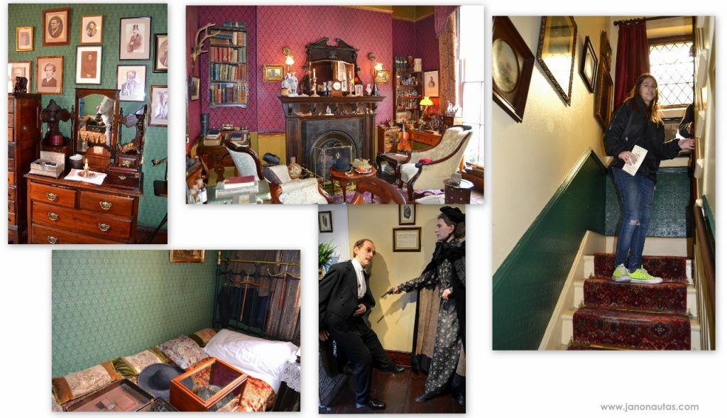 Interior de la casa de Sherlock Holmes Collage con varias imágenes del interior de la casa-museo de Sherlock Holmes en Londres, mostrando muebles victorianos, objetos originales y decoraciones relacionadas con las novelas del detective