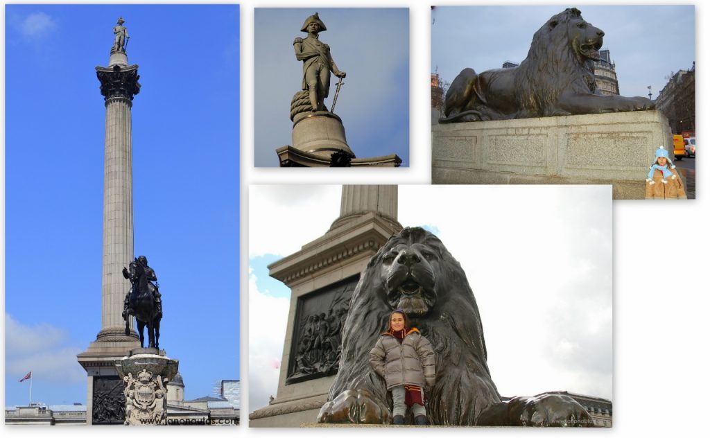 La columna de Nelson y los leones de Trafalgar Square Collage con imágenes de la columna de Nelson en Trafalgar Square, los cuatro leones de piedra de la base, la estatua en la cúspide y Clàudia posando junto a los leones
