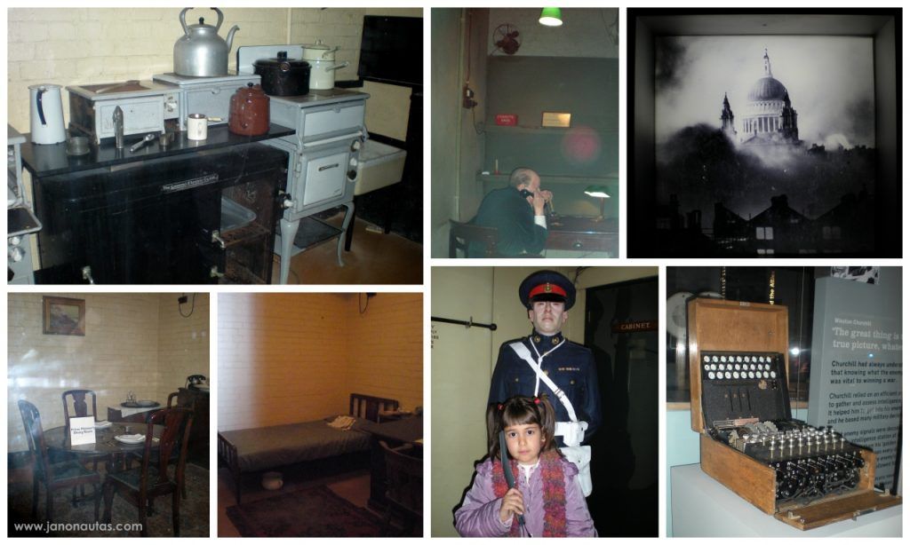 Churchill War Rooms Collage de imágenes del Churchill War Rooms en Londres, mostrando salas originales del búnker, objetos personales de Winston Churchill y escenas de la vida durante la Segunda Guerra Mundial.