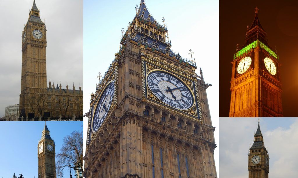 El Big Ben o Elizabeth Tower desde diferentes ángulos Collage con vistas del Big Ben o Elizabeth Tower en Londres: desde Westminster Bridge, desde el río Támesis y detalle de la arquitectura neogótica de la torre.