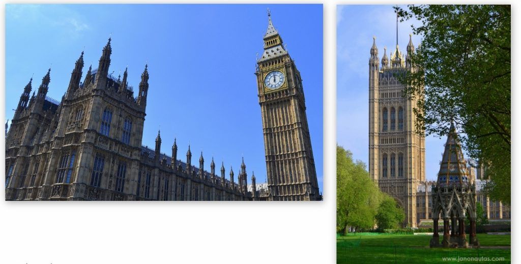 El Big Ben y la Victoria Tower, las dos torres del Palacio de Westminster Collage con las dos torres del Palacio de Westminster: el Big Ben o Elizabeth Tower a la izquierda y la Victoria Tower a la derecha