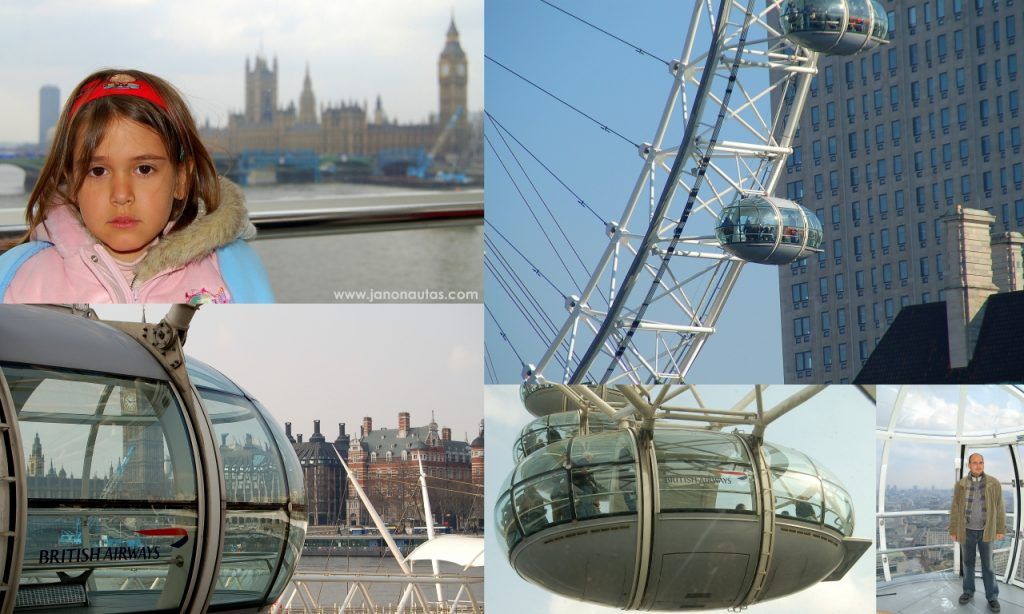 Detalle de las cabinas del London Eye Collage con varias perspectivas de las cabinas panorámicas del London Eye, incluyendo foto de Clàudia con cara de aburrida y Àlex dentro de una cabina de cristal.