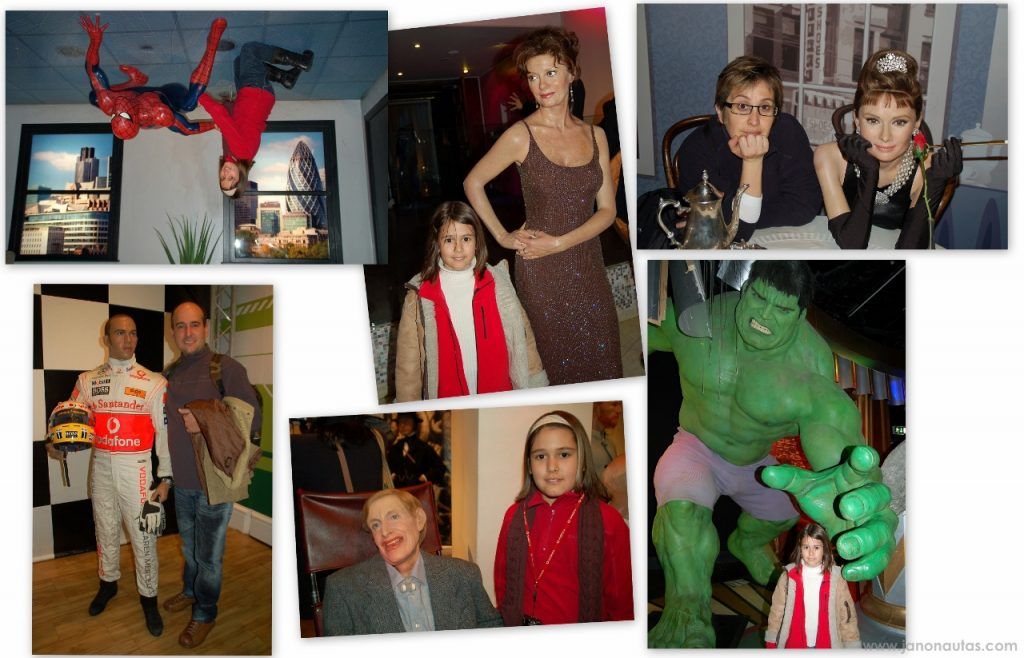 Algunas de nuestras fotos en el Madame Tussaud's Collage de fotos de Clàudia, Àlex y Trini en el Madame Tussauds de Londres, posando junto a figuras de cera de personajes reales y superhéroes en diferentes salas temáticas del museo.