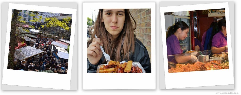 Comer en Camden Market Collage con tres imágenes: vista aérea de los puestos de comida de Camden Market, Clàudia con una bandeja de comida en la mano, y detalle de un puesto con comida