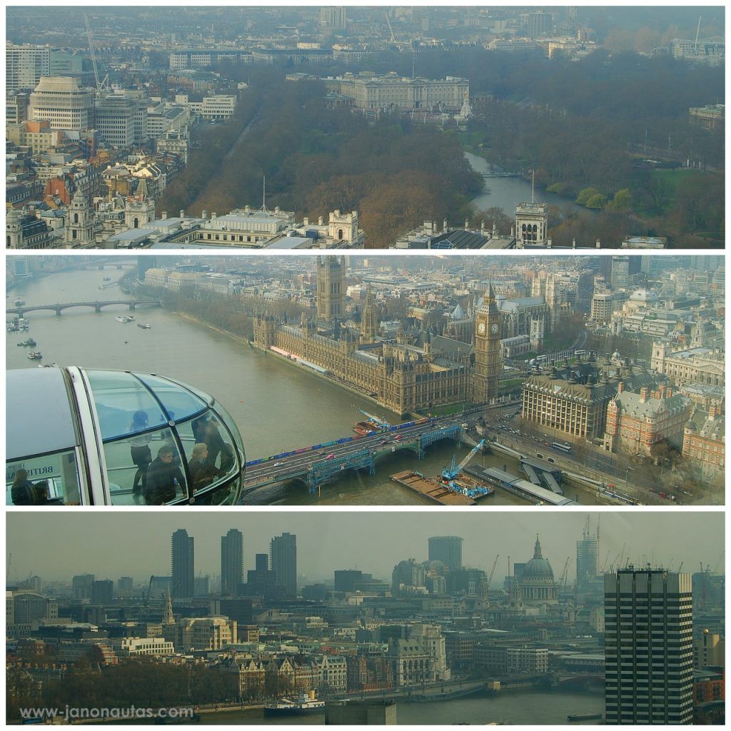 Vistas de Londres desde el London Eye Collage con tres fotos panorámicas de Londres tomadas desde el London Eye, mostrando el río Támesis, el Big Ben y el horizonte de la ciudad.