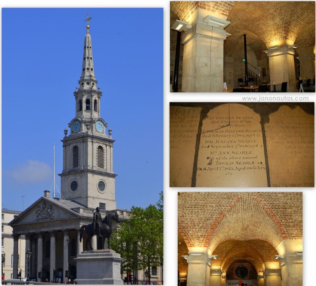 La iglesia St. Martin in the Fields y su cripta-cafetería en Trafalgar Square Collage con el exterior de la iglesia St. Martin in the Fields en Trafalgar Square y su curiosa cripta con lápidas en el suelo reconvertida en cafetería