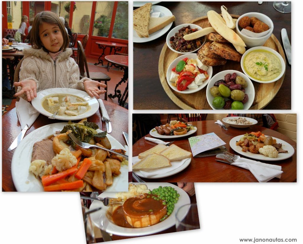 Comida de pub Collage con varias fotos de comida típica de pub en Londres. Una imagen muestra un meat pie, y otra foto Clàudia frente a un plato de sopa de verduras .